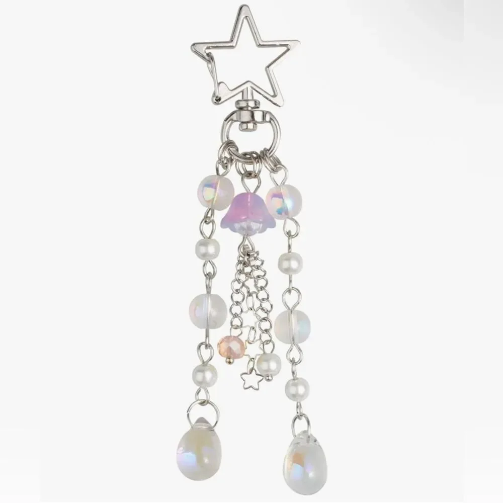 Pink jellyfish and Silver Star Beaded Keychain